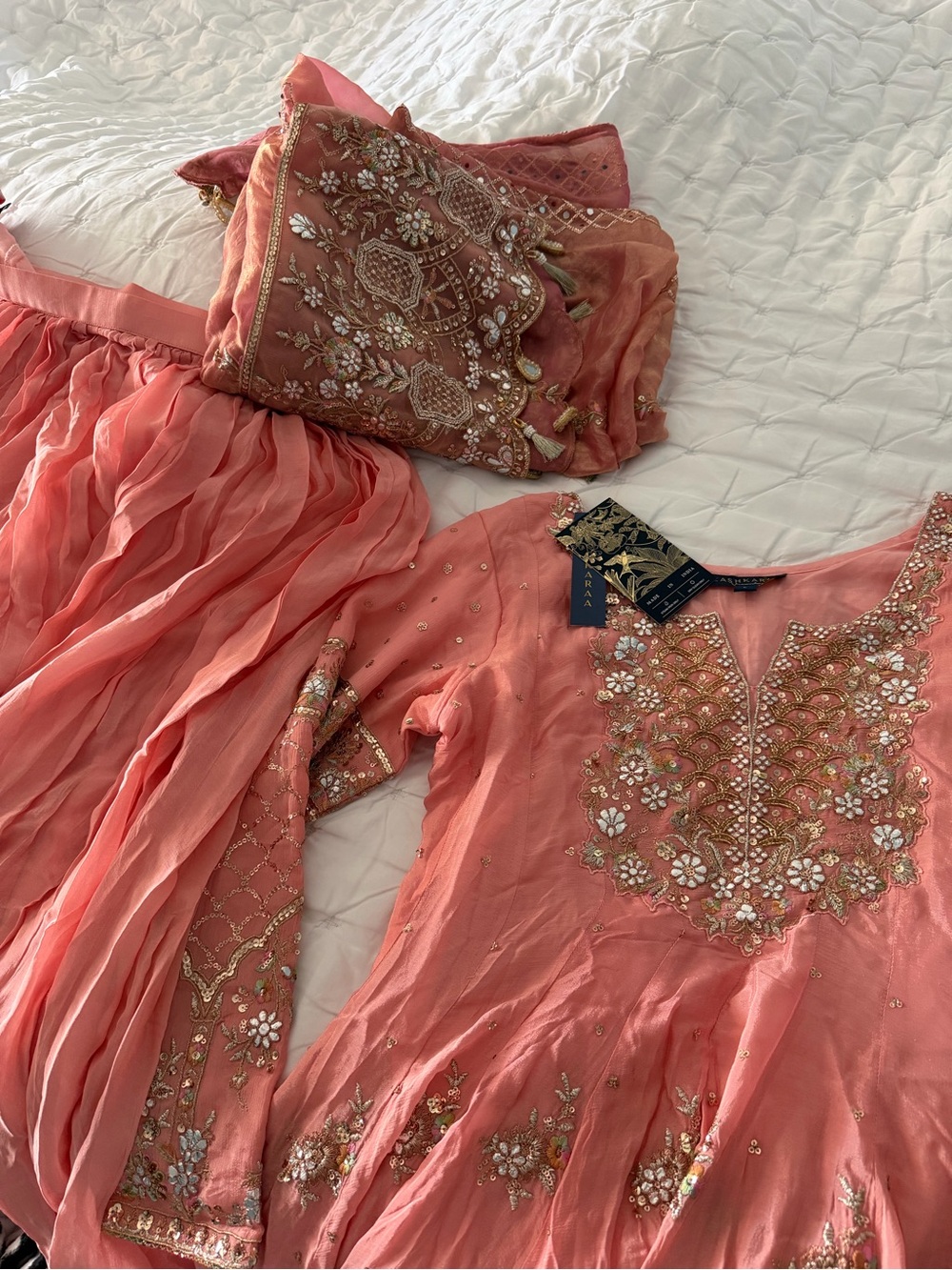 Lashkaraa Peachy Pink Embroidered Viscose Chinon Sharara. NWT. Size Large. - Picture 5 of 7